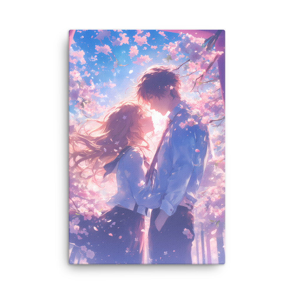 "Emotional Moment Under Sakura Blossoms" - Anime Canvas Wall Art